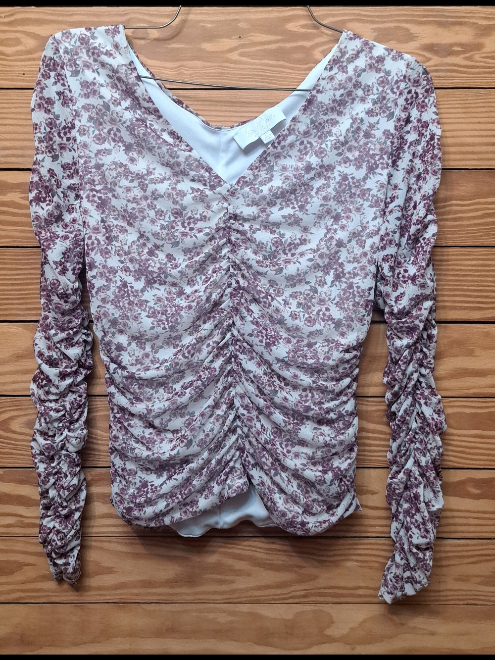 Ladies Floral Ruched Mesh Top Love & Piece Sz M Romantic Fairy Y2k V-Neck